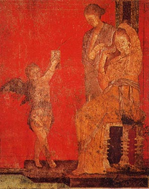 身だしなみを整える古代ローマの女性。キューピットに鏡を持たせている。ポンペイの秘儀荘の壁画。