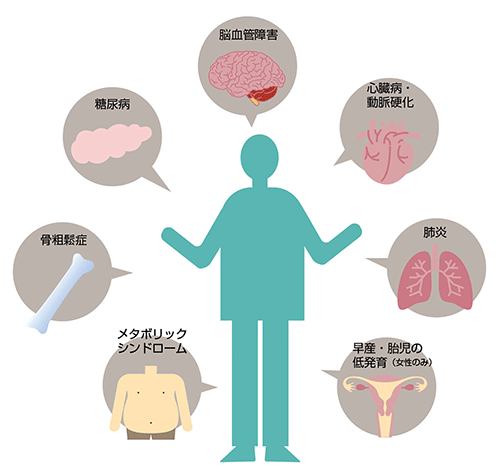 脳血管障害　心臓病・動脈硬化　肺炎　早産・胎児の低発育（女性のみ）　メタボリックシンドローム　骨粗鬆症　糖尿病