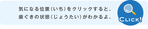 気になる位置（いち）をクリックすると、歯ぐきの状態（じょうたい）がわかるよ。