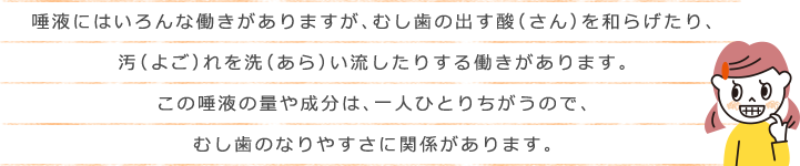 唾液にはいろんな働きがありますが、むし歯の出す酸（さん）を和らげたり、汚（よご）れを洗（あら）い流したりする働きがあります。この唾液の量や成分は、一人ひとりちがうので、むし歯のなりやすさに関係があります。