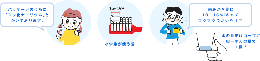 パッケージのうらに「フッ化ナトリウム」とかいてあります。 小学生が使う量 1cmくらい 歯みがき後に10～15mlの水でブクブクうがいを１回 水の目安はコップに指一本分の量で１回！