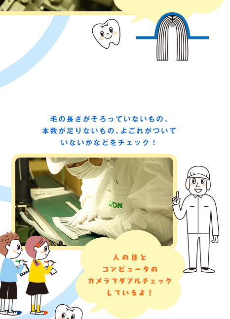 毛の長さがそろっていないもの、本数が足りないもの、よごれがついていないかなどをチェック！ 人の目とコンピュータのカメラでダブルチェックしているよ！