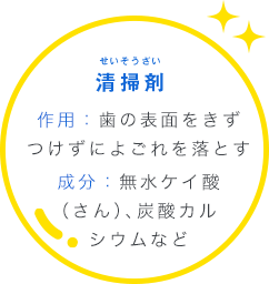 清掃剤 せいそうざい 作用：歯の表面をきずつけずによごれを落とす成分：無水ケイ酸（さん）、炭酸カルシウムなど