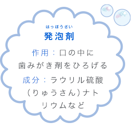 発泡剤 はっぽうざい 作用：口の中に歯みがき剤をひろげる成分：ラウリル硫酸（りゅうさん）ナトリウムなど