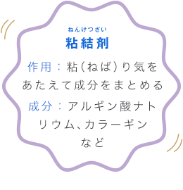 粘結剤 ねんけつざい 作用：粘（ねば）り気をあたえて成分をまとめる成分：アルギン酸ナトリウム、カラーギンなど