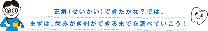 正解（せいかい）できたかな？では、まずは、歯みがき剤（ざい）ができるまでを調べていこう！