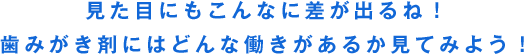 見た目にもこんなに差が出るね！歯みがき剤にはどんな働きがあるか見てみよう！