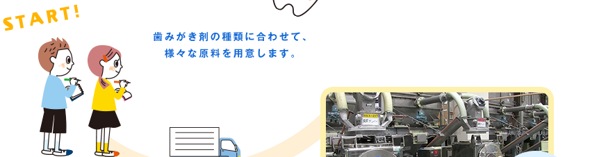 START! 歯みがき剤の種類に合わせて、様々な原料を用意します。