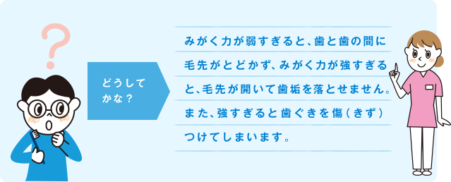 どうしてかな？ みがく力が弱すぎると、歯と歯の間に毛先がとどかず、みがく力が強すぎると、毛先が開いて歯垢を落とせません。また、強すぎると歯ぐきを傷（きず）つけてしまいます。