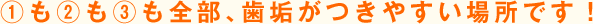 ①も②も③も全部、歯垢がつきやすい場所です！