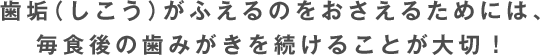 歯垢（しこう）がふえるのをおさえるためには、毎食後の歯みがきを続けることが大切！