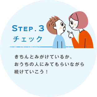 STEP.3 チェック きちんとみがけているか、おうちの人にみてもらいながら続けていこう！