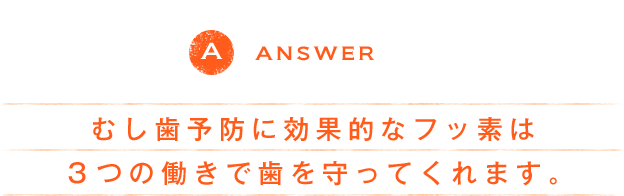 ANSWER むし歯予防に効果的なフッ素は３つの働きで歯を守ってくれます。