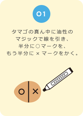 ０１　タマゴの真ん中に油性のマジックで線を引き、半分に○マークを、もう半分に×マークをかく。