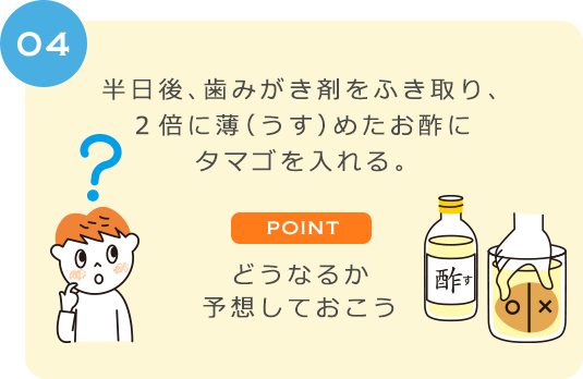 ０４　半日後、歯みがき剤をふき取り、２倍に薄（うす）めたお酢にタマゴを入れる。POINT　どうなるか予想しておこう