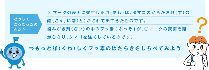 ⇒もっと詳（くわ）しくフッ素のはたらきをしらべてみよう