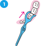 鏡で確認しながら歯と歯の間にデンタルフロスの糸の部分を当てます。