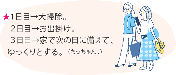 ★１日目→大掃除。 ２日目→お出掛け。 ３日目→家で次の日に備えて、ゆっくりとする。（ちっちゃん。）