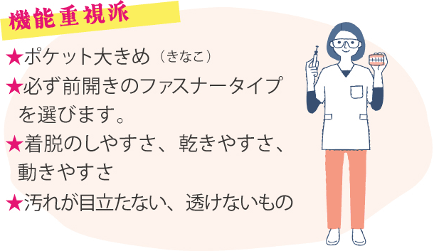 機能重視派 ★ポケット大きめ（きなこ）★必ず前開きのファスナータイプを選びます。★着脱のしやすさ、乾きやすさ、動きやすさ★汚れが目立たない、透けないもの