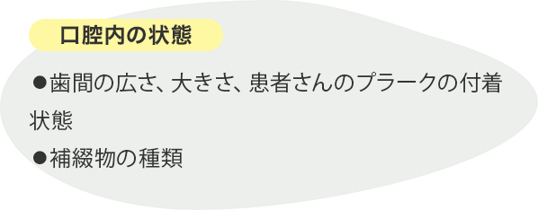 口腔内の状態 ⚫︎歯間の広さ、大きさ、患者さんのプラークの付着状態⚫︎補綴物の種類