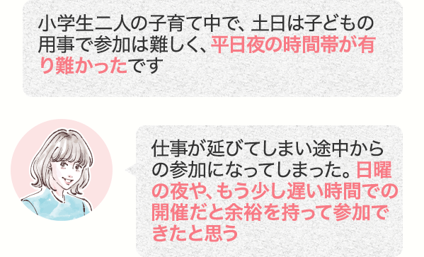 小学生二人の子育て中で、土日は子どもの用事で参加は難しく、平日夜の時間帯が有り難かったです 仕事が延びてしまい途中からの参加になってしまった。日曜の夜や、もう少し遅い時間での開催だと余裕を持って参加できたと思う